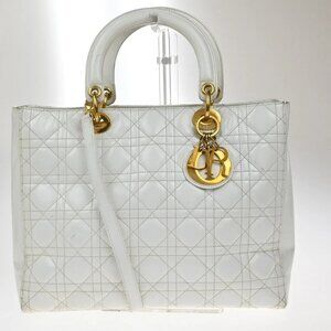 CHRISTIAN DIOR Lady Cannage 2Way Shoulder Hand Bag Leather White GHW 96EG319